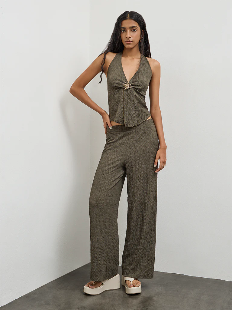 Nuon Olive Textured High-Rise Pants