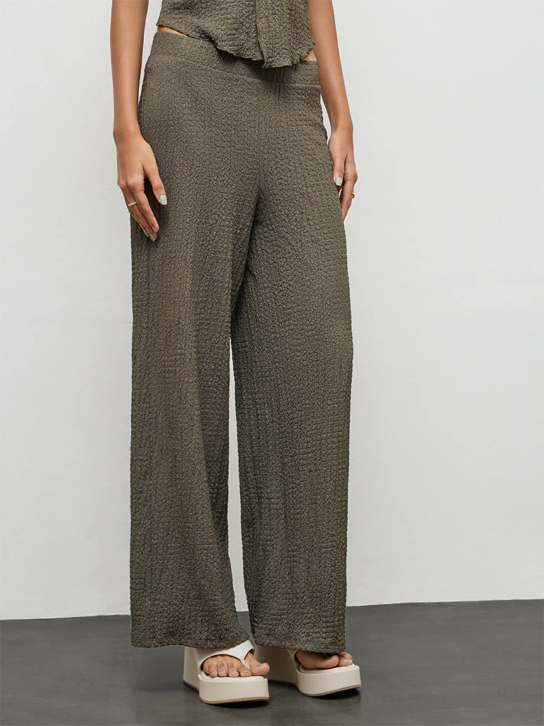 Nuon Olive Textured High-Rise Pants - Image 2