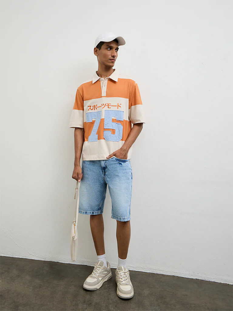 Nuon Orange Color-Blocked Relaxed-Fit Cotton Polo T-Shirt