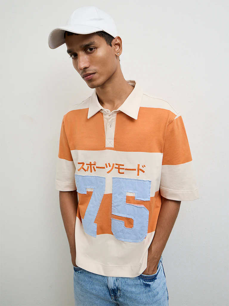 Nuon Orange Color-Blocked Relaxed-Fit Cotton Polo T-Shirt - Image 2