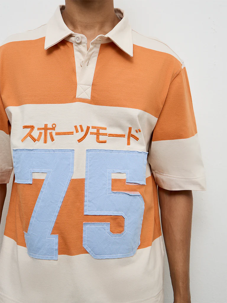 Nuon Orange Color-Blocked Relaxed-Fit Cotton Polo T-Shirt - Image 3