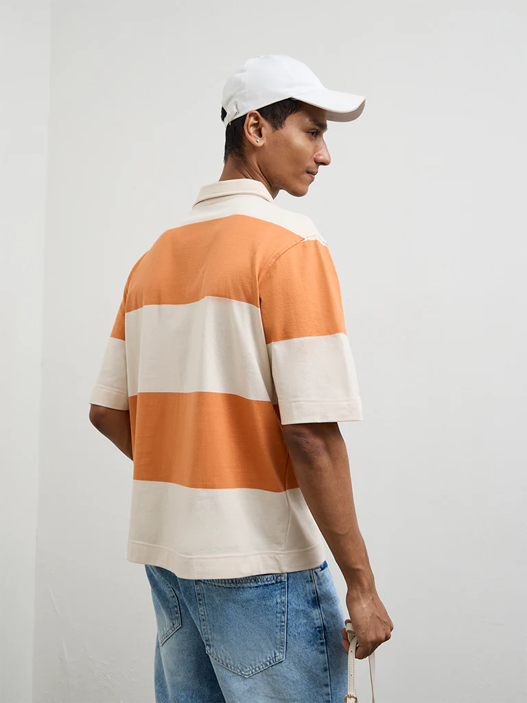 Nuon Orange Color-Blocked Relaxed-Fit Cotton Polo T-Shirt - Image 4