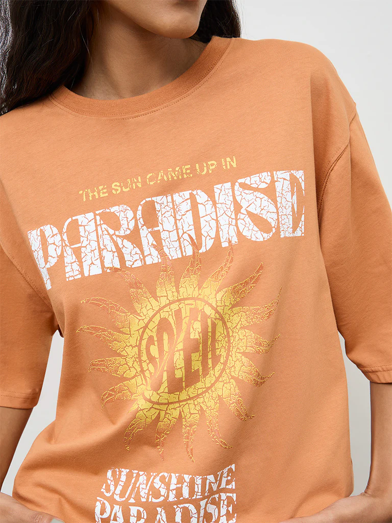 Nuon Orange Graphic Printed Cotton T-Shirt - Image 3