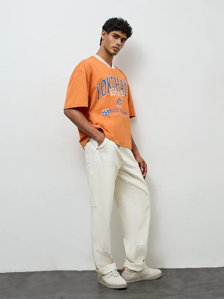 Nuon Orange Text Printed Cotton Oversized T-Shirt - Image 2