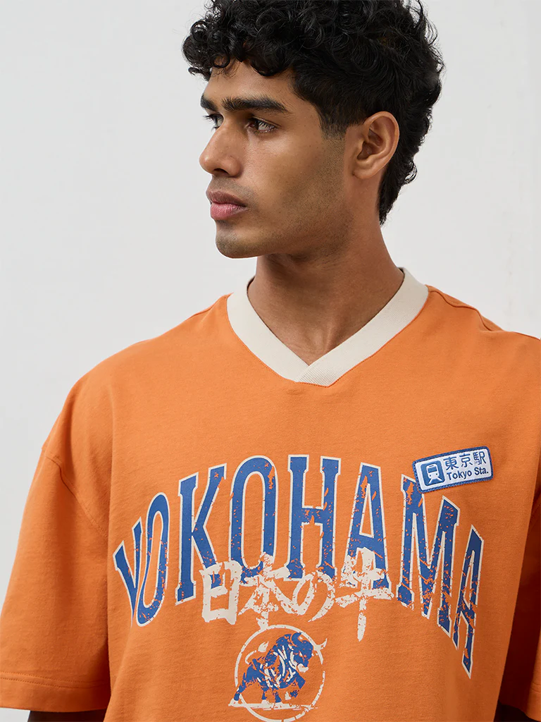 Nuon Orange Text Printed Cotton Oversized T-Shirt - Image 3