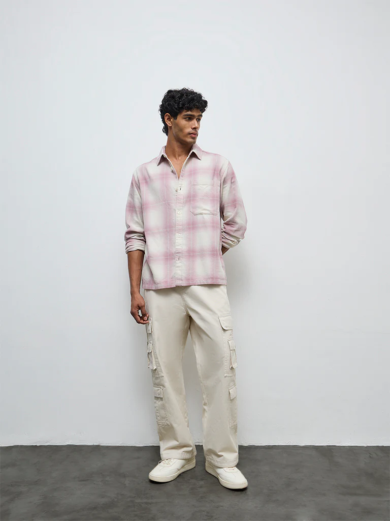 Nuon Pink Checks Pattern Relaxed-Fit Cotton Shirt - Image 2