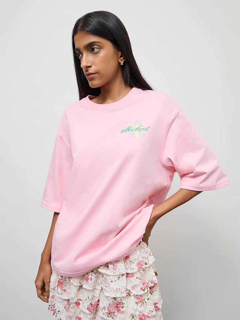 Nuon Pink Printed Oversized Cotton T-Shirt - Image 2