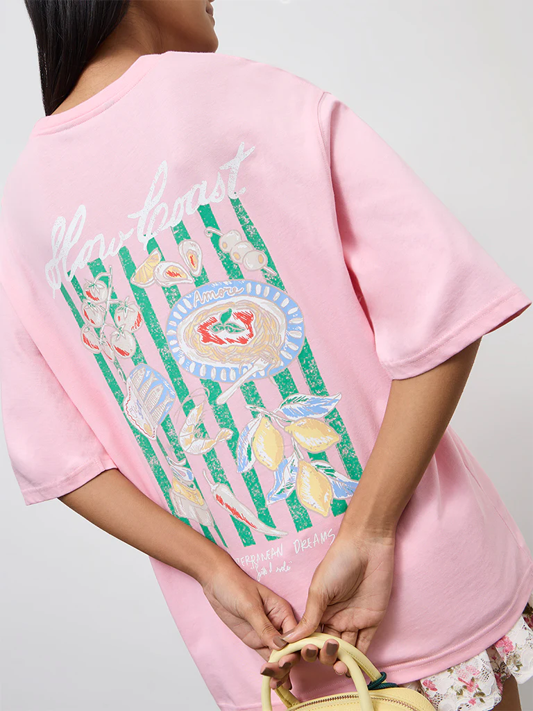 Nuon Pink Printed Oversized Cotton T-Shirt - Image 3