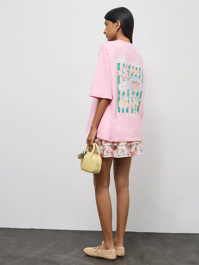 Nuon Pink Printed Oversized Cotton T-Shirt - Image 4