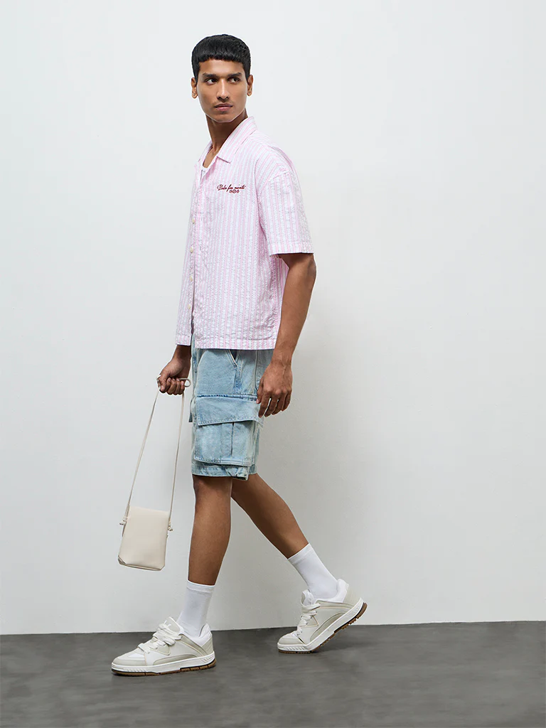 Nuon Pink Striped Relaxed-Fit Cotton Shirt - Image 2