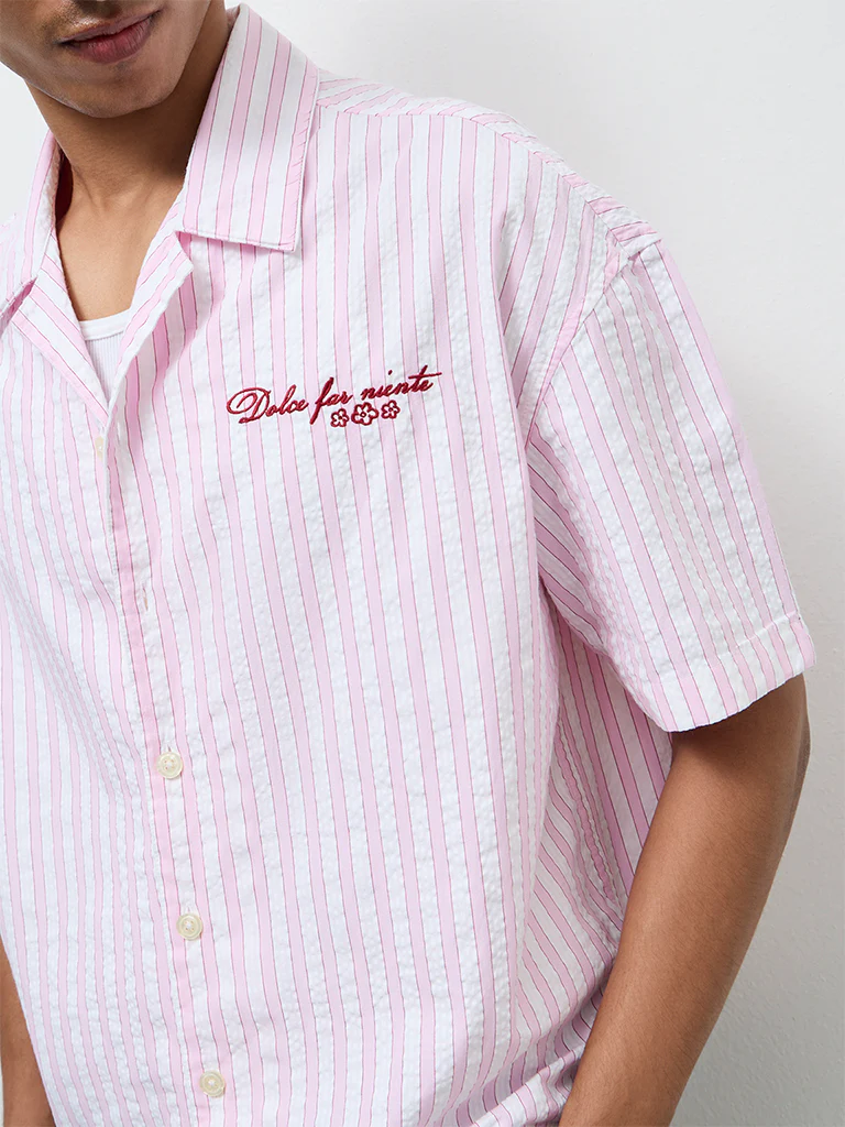 Nuon Pink Striped Relaxed-Fit Cotton Shirt - Image 3