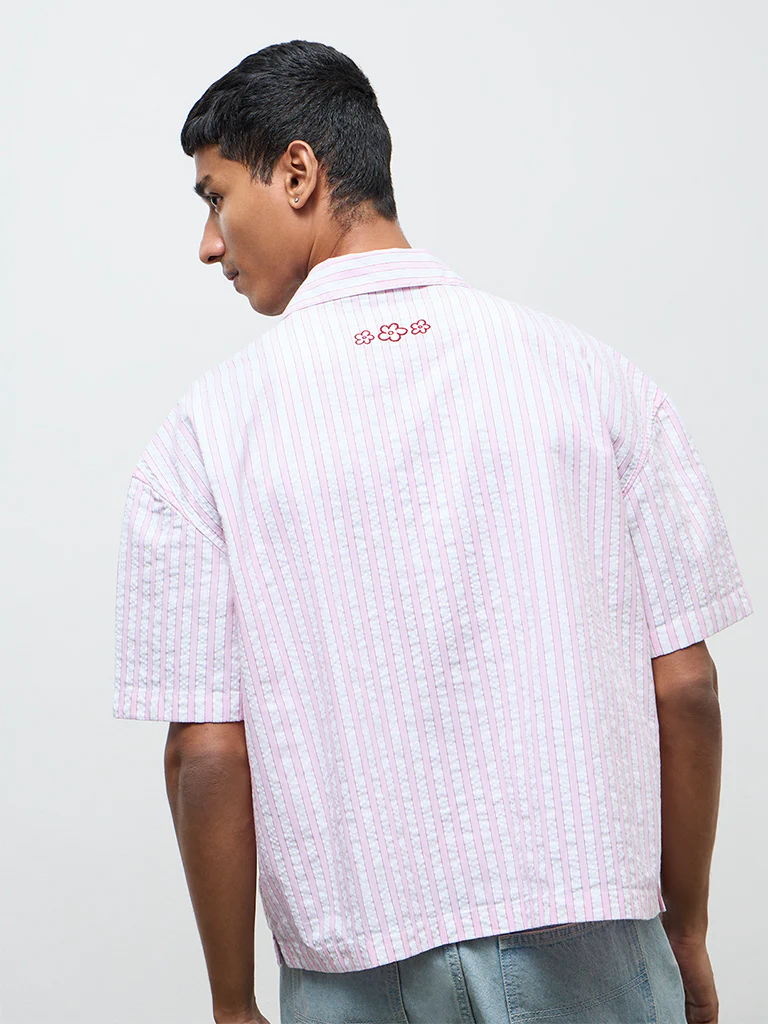 Nuon Pink Striped Relaxed-Fit Cotton Shirt - Image 4