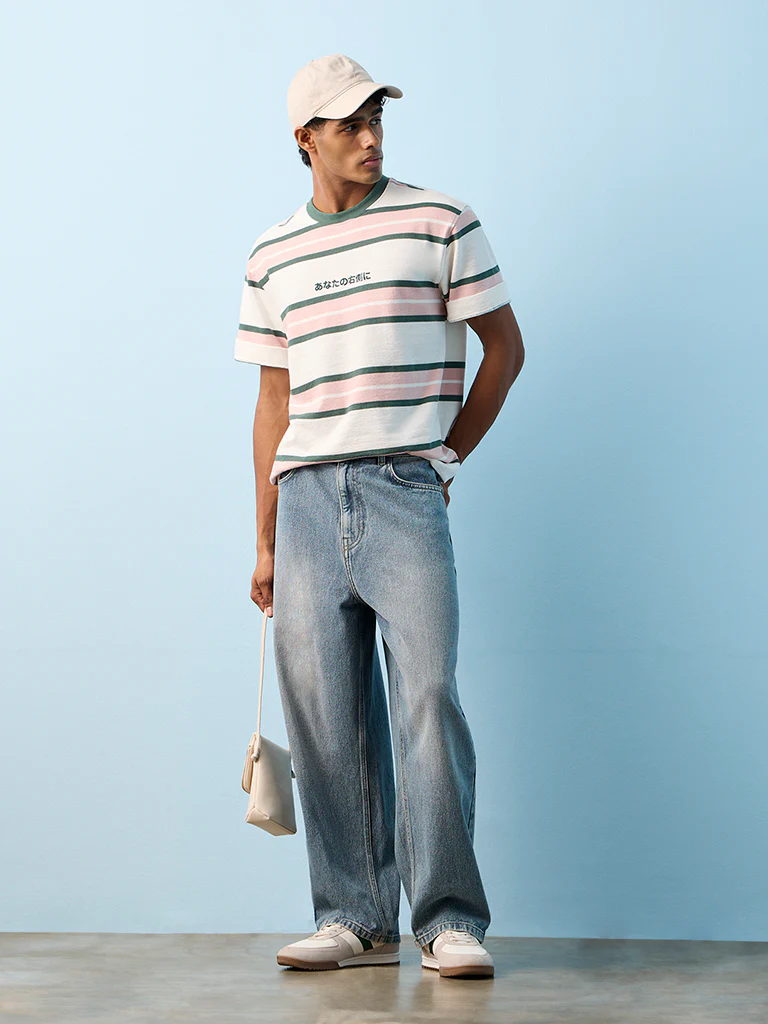 Nuon Pink Striped Relaxed-Fit Cotton T-Shirt - Image 2