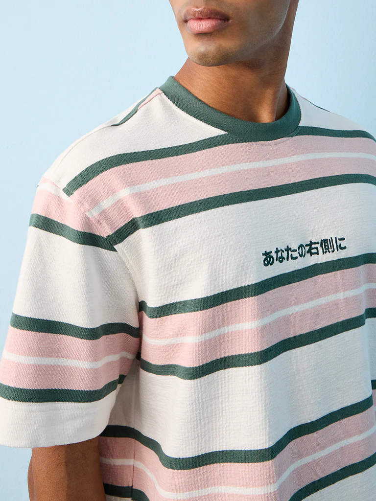 Nuon Pink Striped Relaxed-Fit Cotton T-Shirt - Image 3