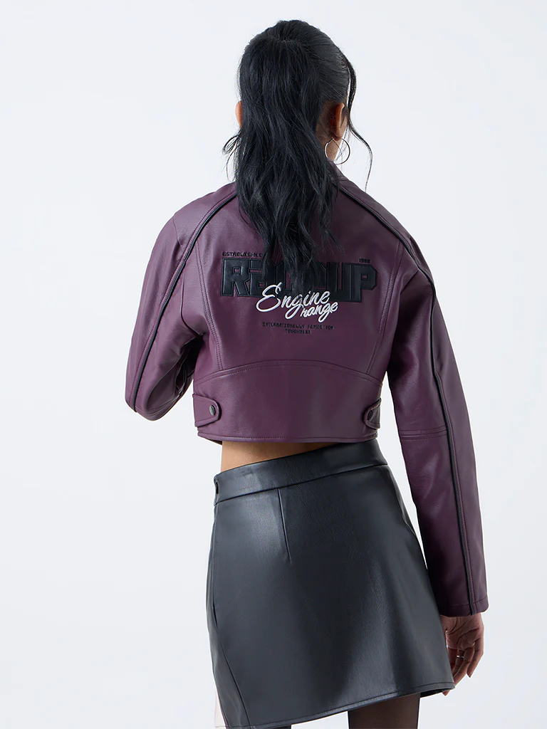 Nuon Plum Typographic Faux-Leather Jacket - Image 4