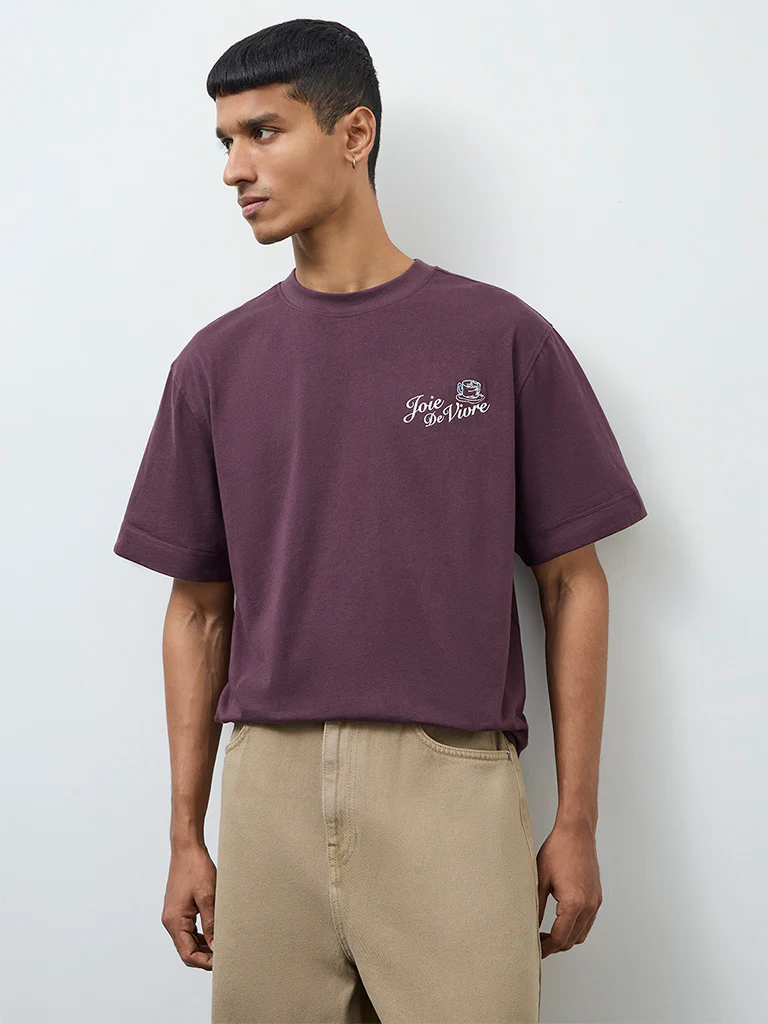Nuon Purple Printed Relaxed-Fit Cotton T-Shirt - Image 2