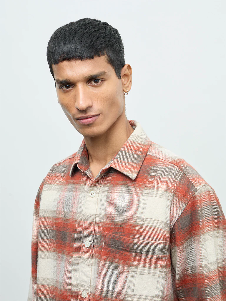 Nuon Red Checks Pattern Relaxed-Fit Cotton Shirt - Image 3