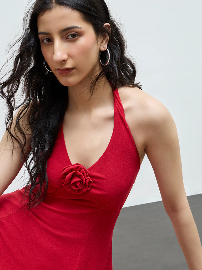 Nuon Red Floral Applique A-Line Dress - Image 3