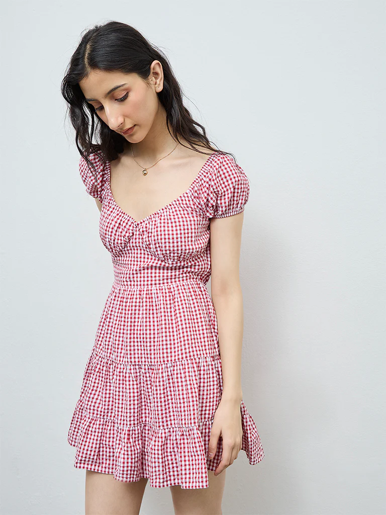 Nuon Red Gingham Checkered Cotton Tiered Dress - Image 2
