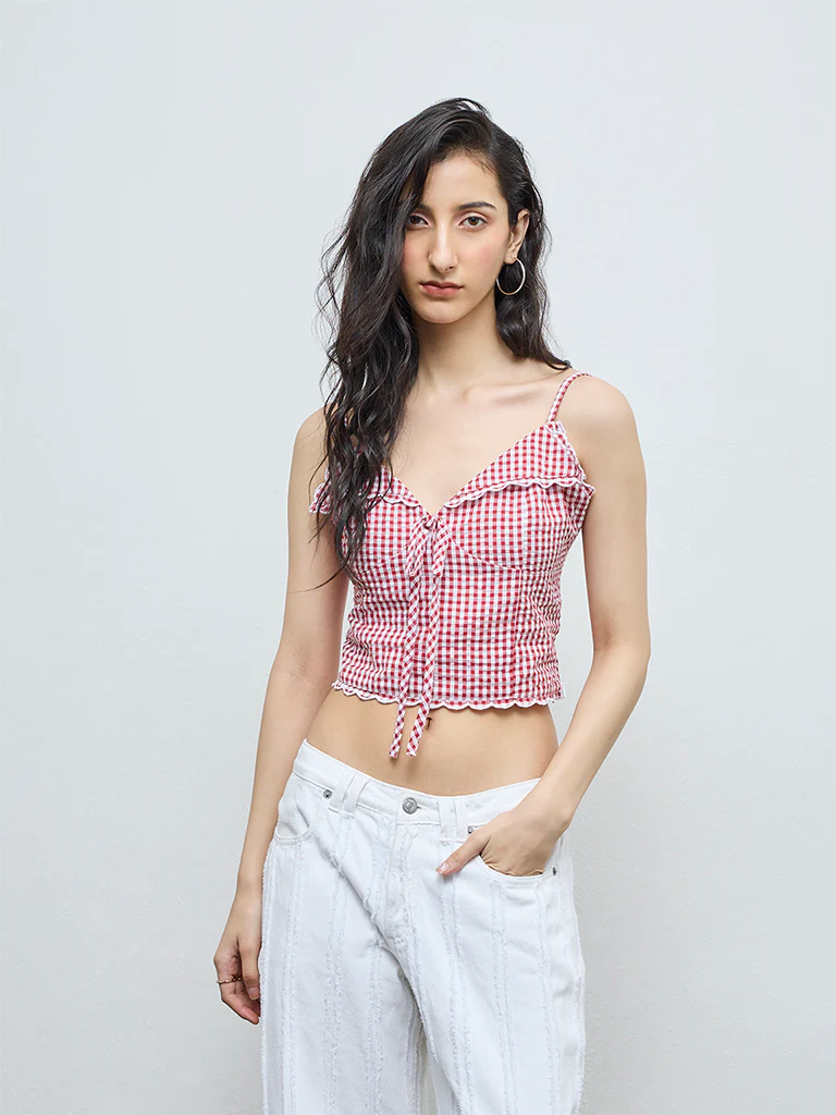 Nuon Red Gingham Checkered Cotton Top