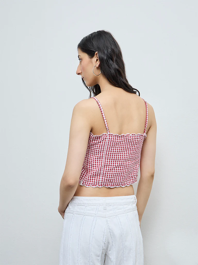 Nuon Red Gingham Checkered Cotton Top - Image 4