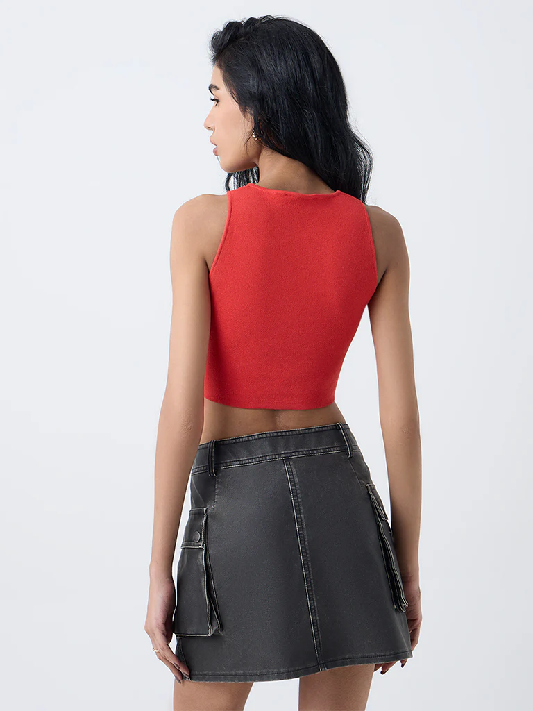Nuon Red Knit-Textured Crop Top - Image 4