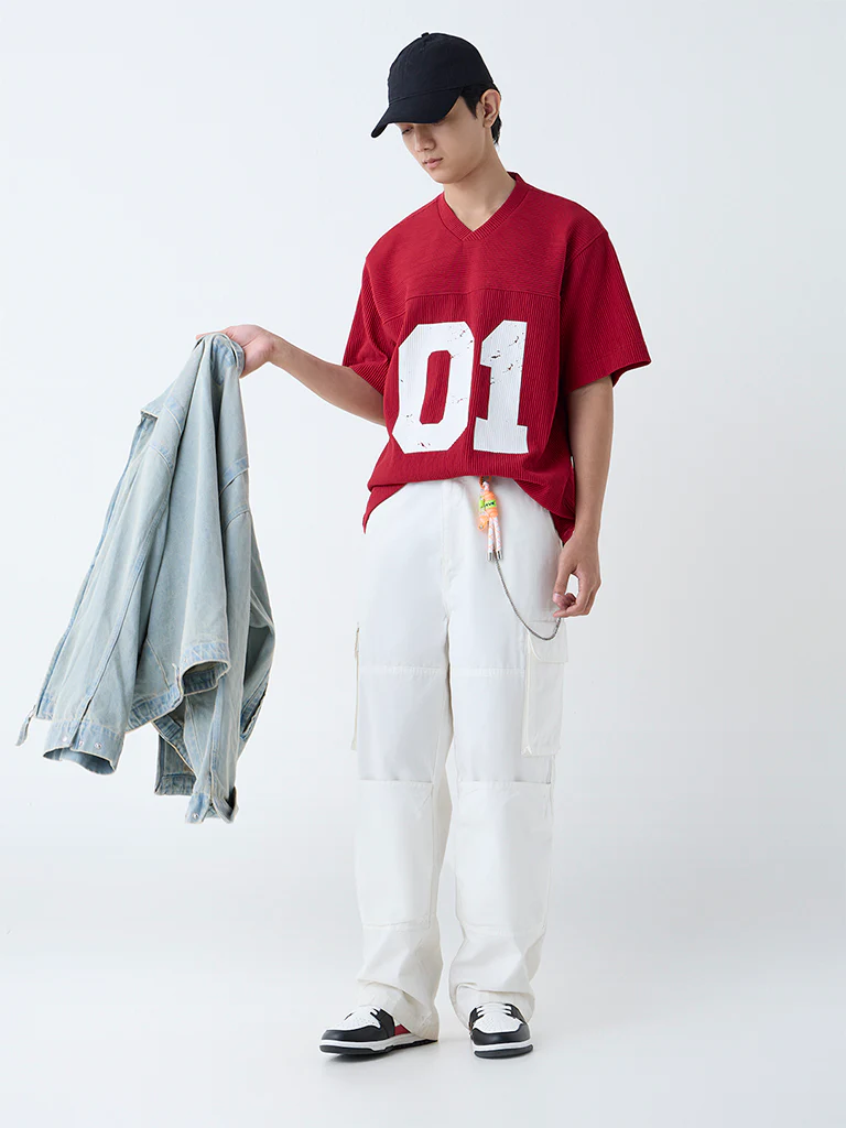 Nuon Red Numerical Design Ribbed Relaxed-Fit T-Shirt