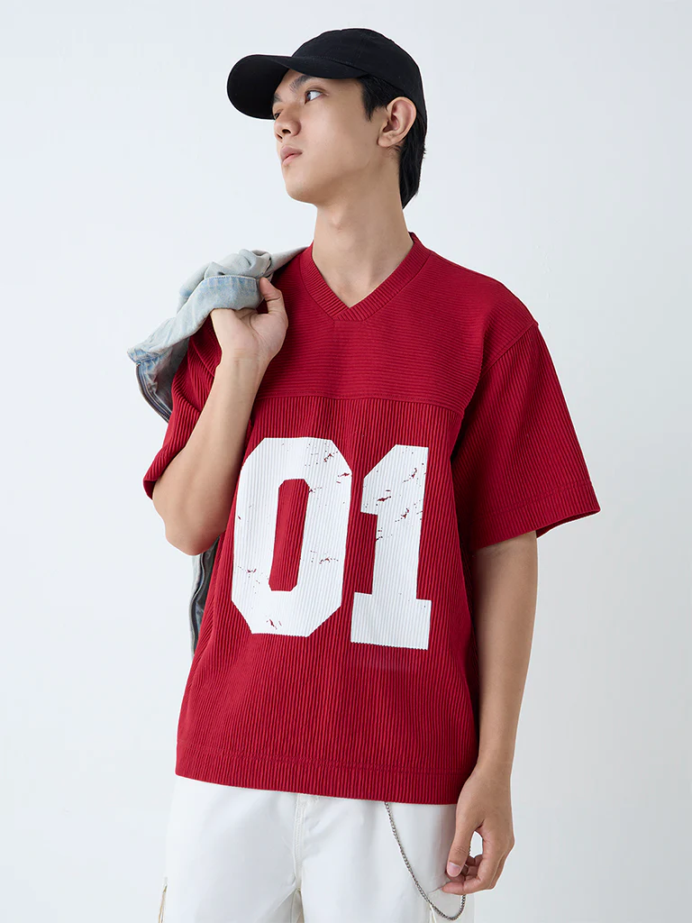 Nuon Red Numerical Design Ribbed Relaxed-Fit T-Shirt - Image 2