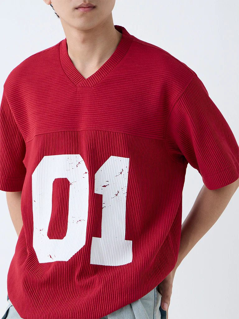 Nuon Red Numerical Design Ribbed Relaxed-Fit T-Shirt - Image 3