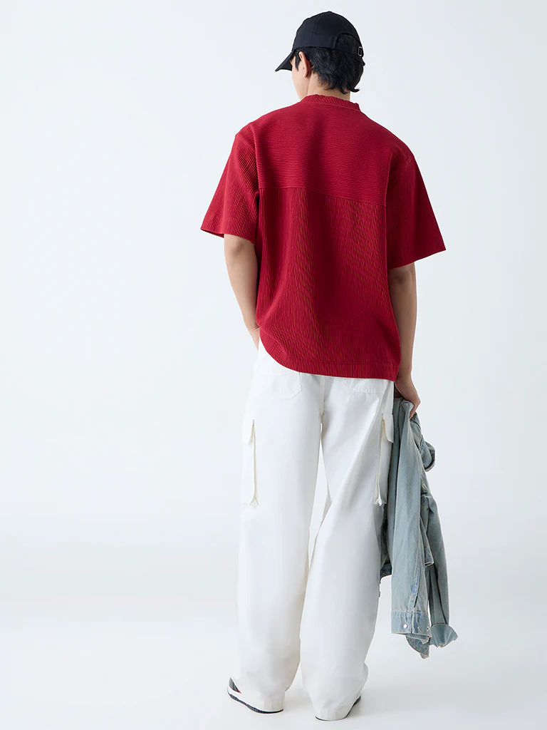 Nuon Red Numerical Design Ribbed Relaxed-Fit T-Shirt - Image 4