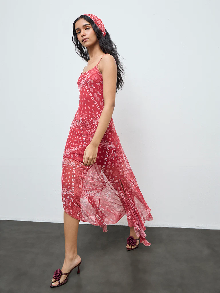 Nuon Red Paisley Printed Asymmetrical Mesh Dress - Image 2
