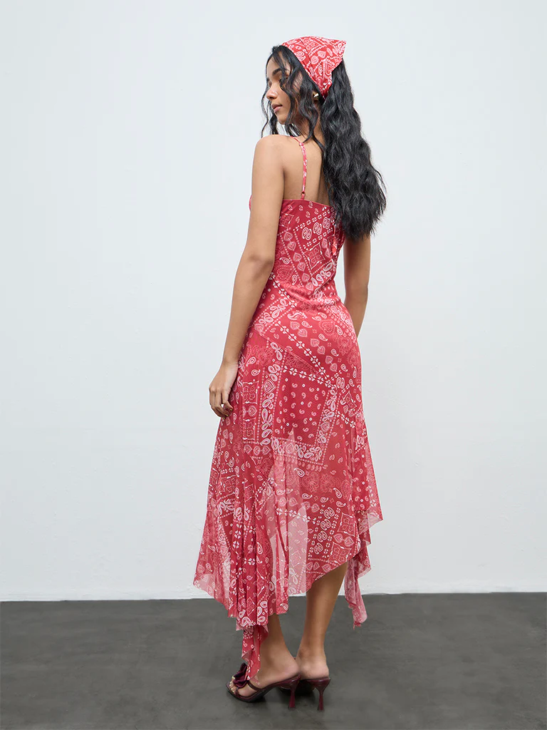 Nuon Red Paisley Printed Asymmetrical Mesh Dress - Image 4