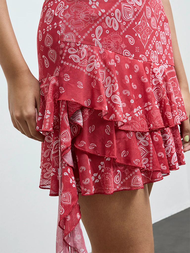 Nuon Red Paisley Printed High-Rise Ruffled Skirt - Image 3