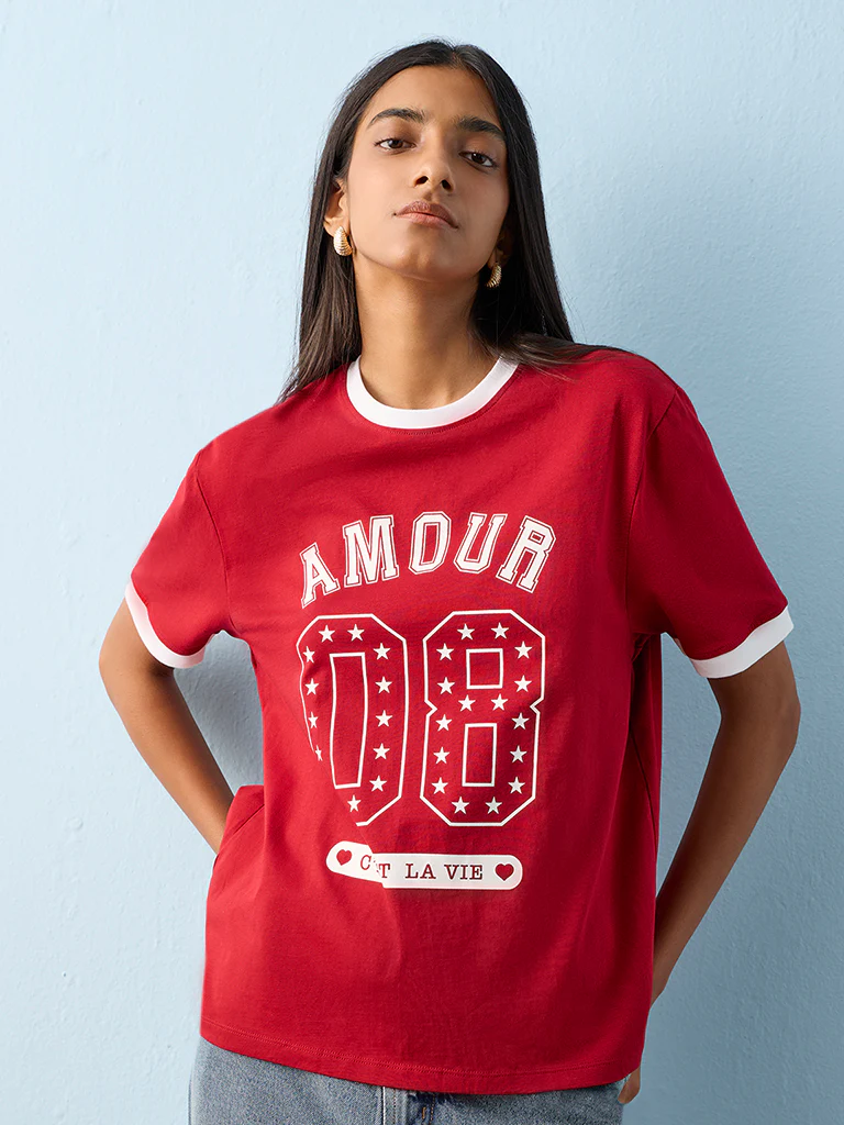 Nuon Red Printed Cotton T-Shirt