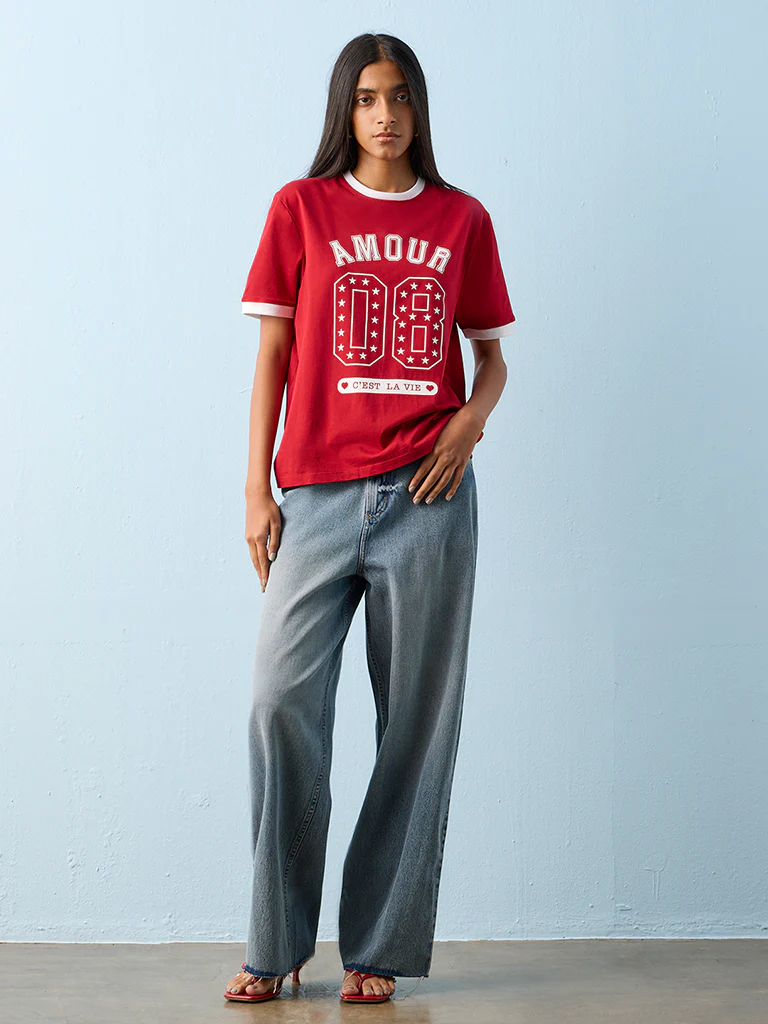 Nuon Red Printed Cotton T-Shirt - Image 2