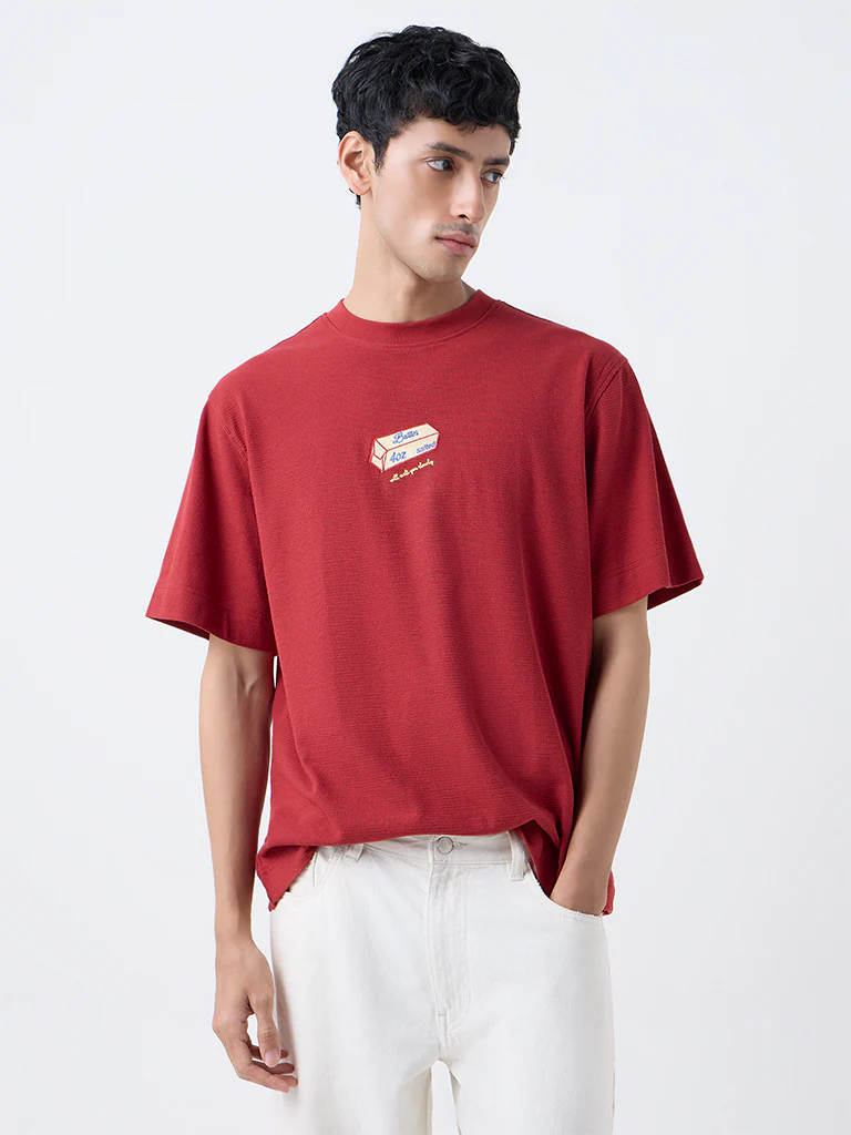 Nuon Red Printed Relaxed-Fit Cotton-Blend T-Shirt