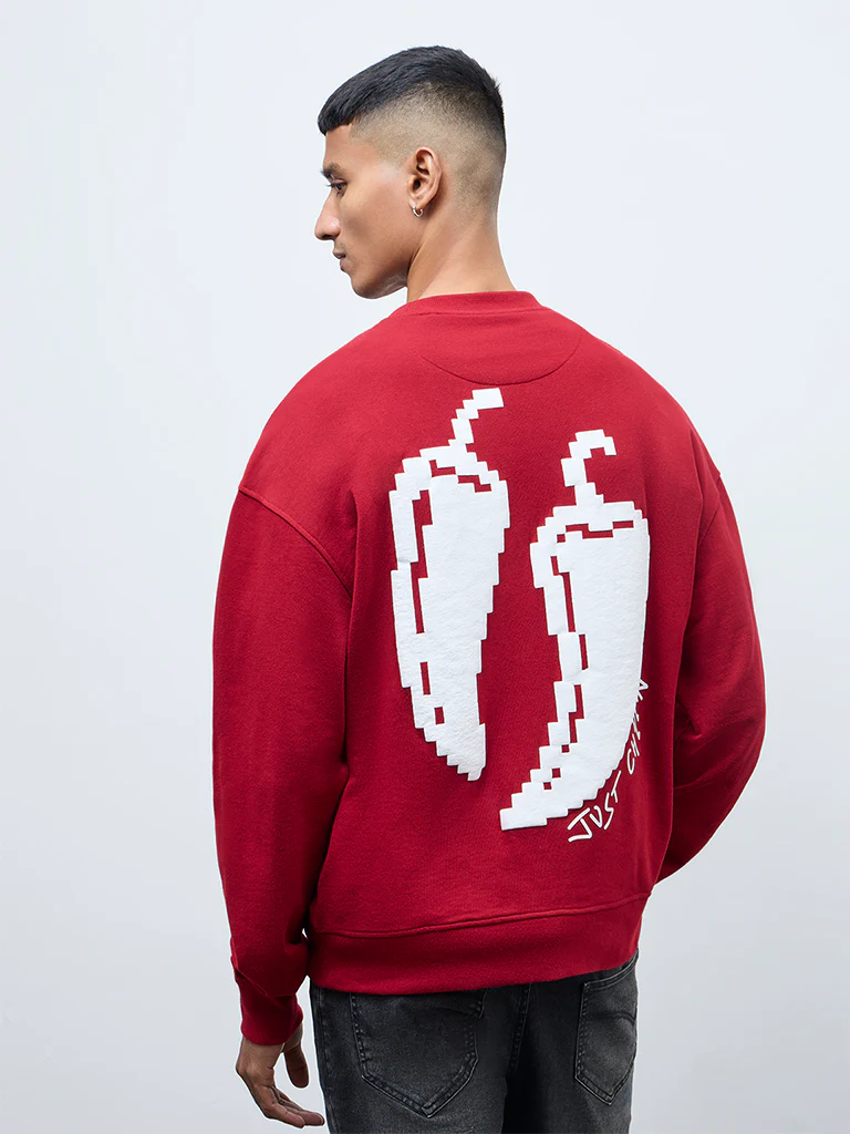 Nuon Red Printed Relaxed-Fit Cotton Sweatshirt - Image 4