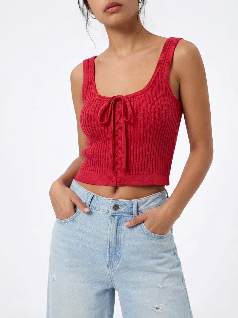 Nuon Red Ribbed Lace-Up Crop Top - Image 3