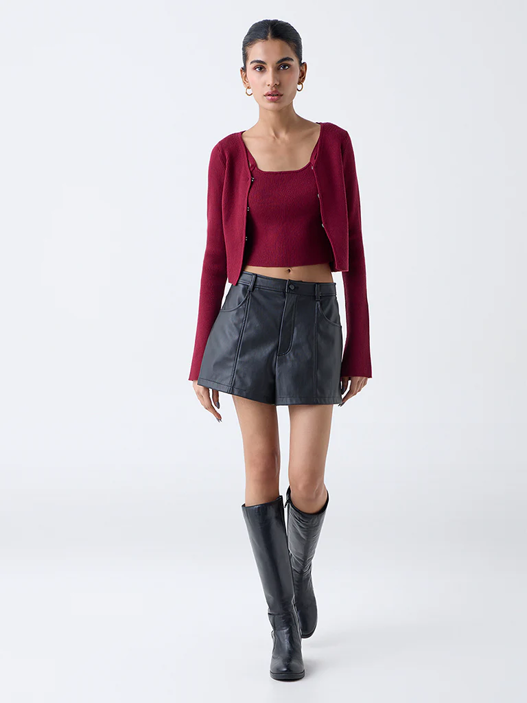 Nuon Red Ribbed Textured Cardigan with Inner - Image 2
