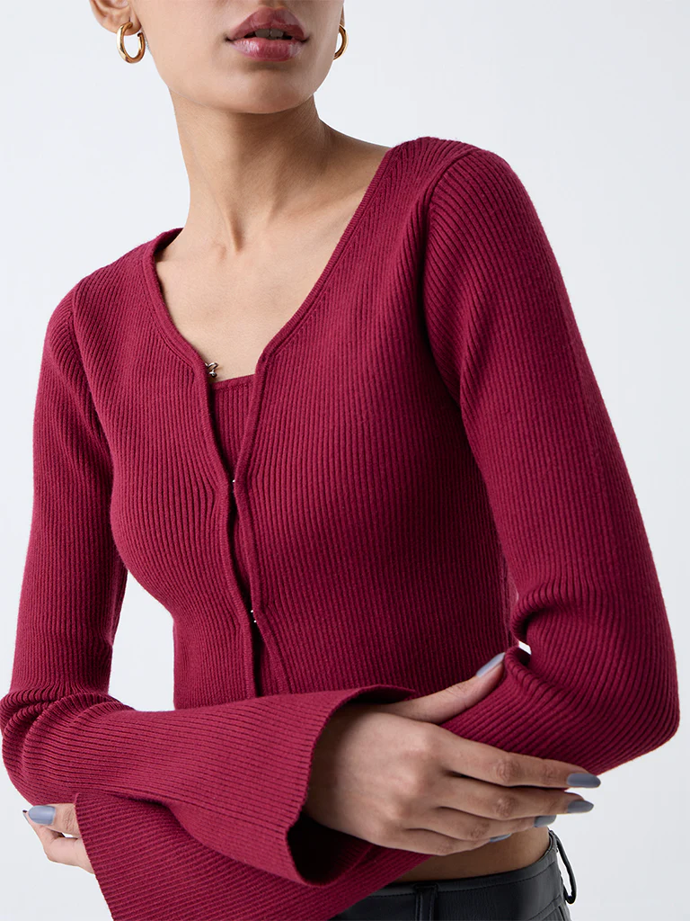 Nuon Red Ribbed Textured Cardigan with Inner - Image 3