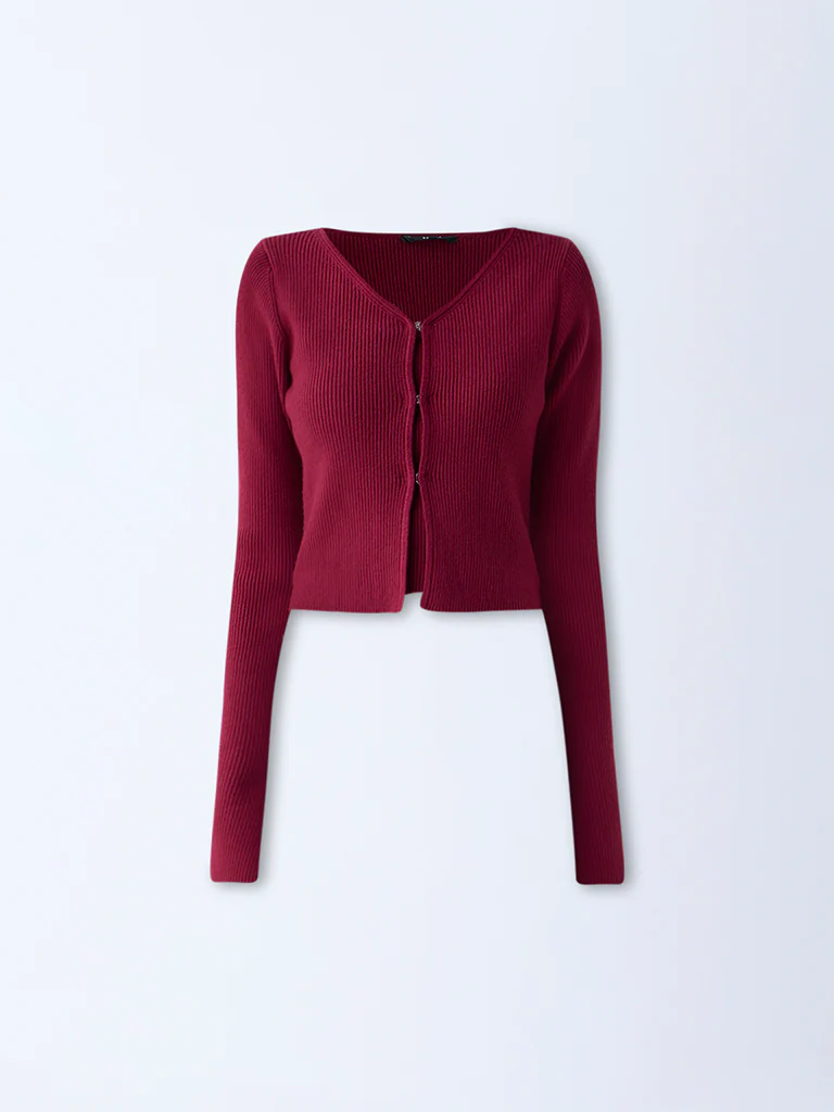 Nuon Red Ribbed Textured Cardigan with Inner - Image 5