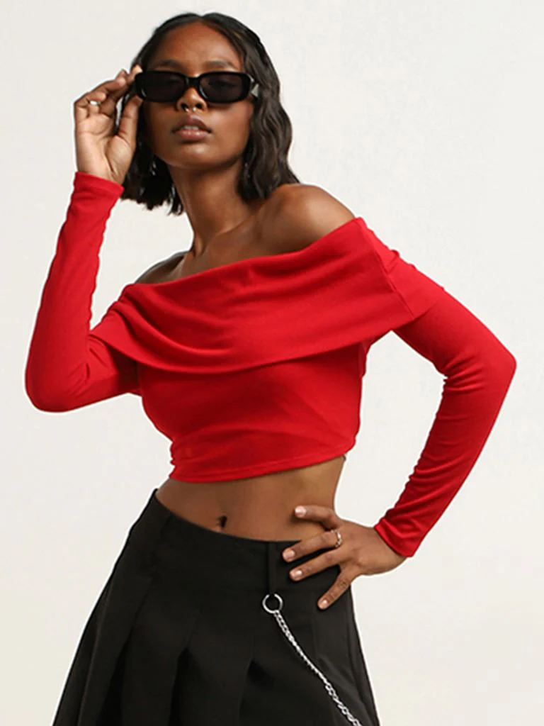 Nuon Red Ribbed Textured Off-Shoulder Cotton-Blend Crop Top