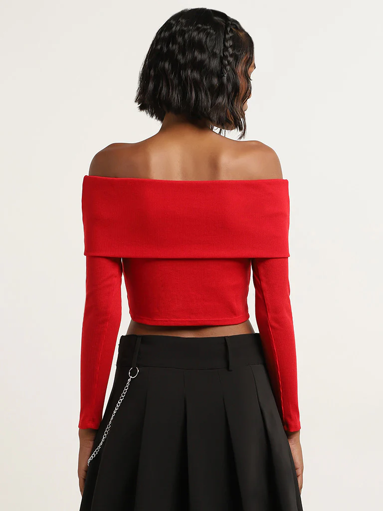 Nuon Red Ribbed Textured Off-Shoulder Cotton-Blend Crop Top - Image 4