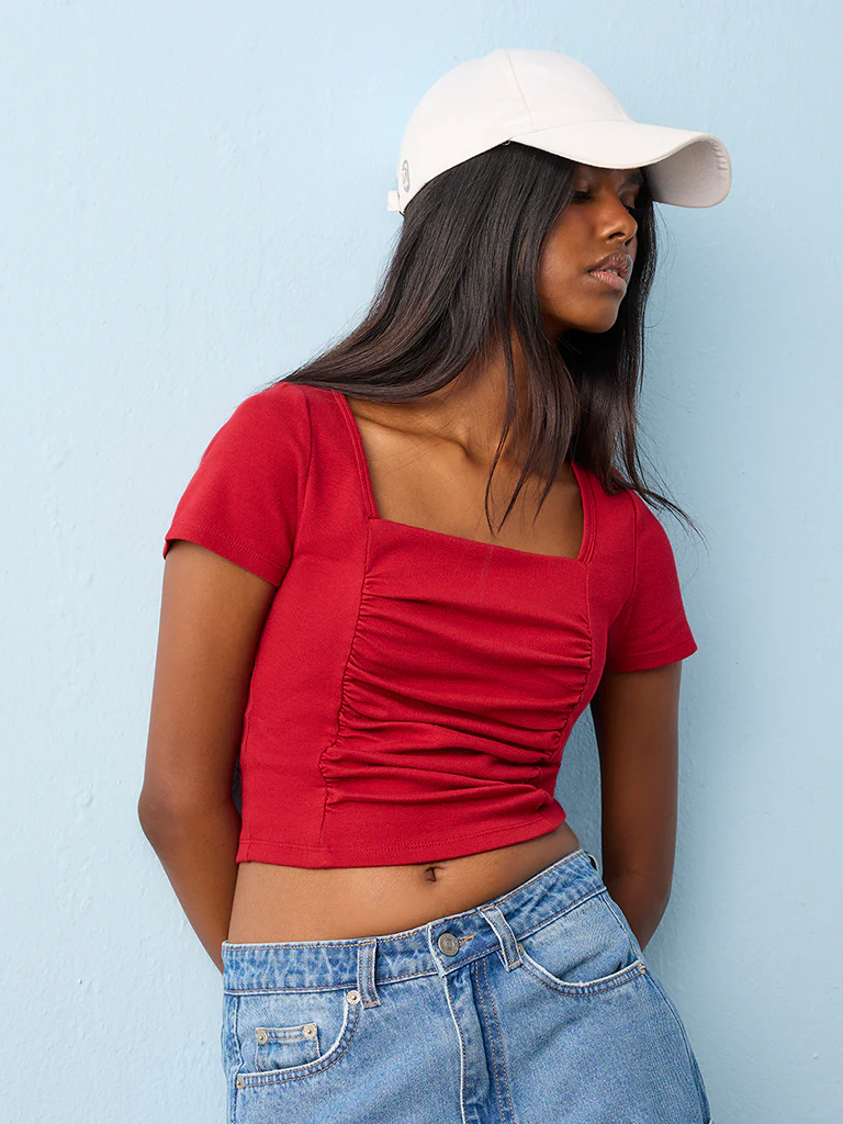 Nuon Red Ruched Cotton-Blend Top - Image 2