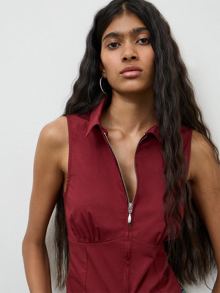 Nuon Red Solid Corset-Inspired Cotton Top - Image 3