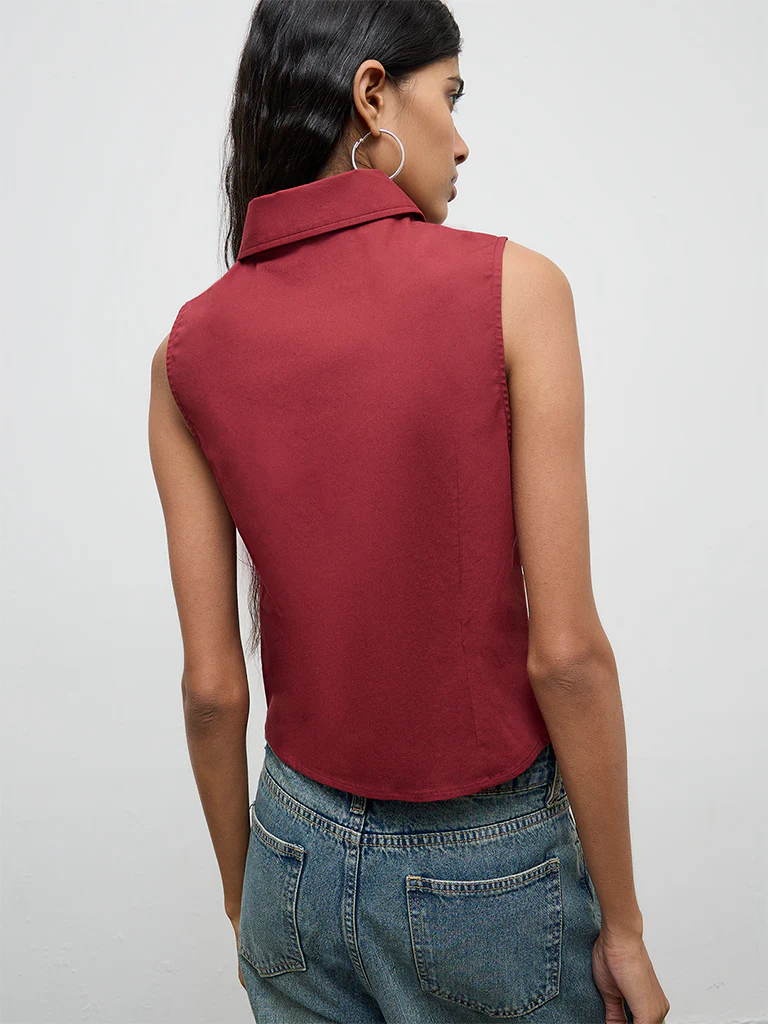 Nuon Red Solid Corset-Inspired Cotton Top - Image 4