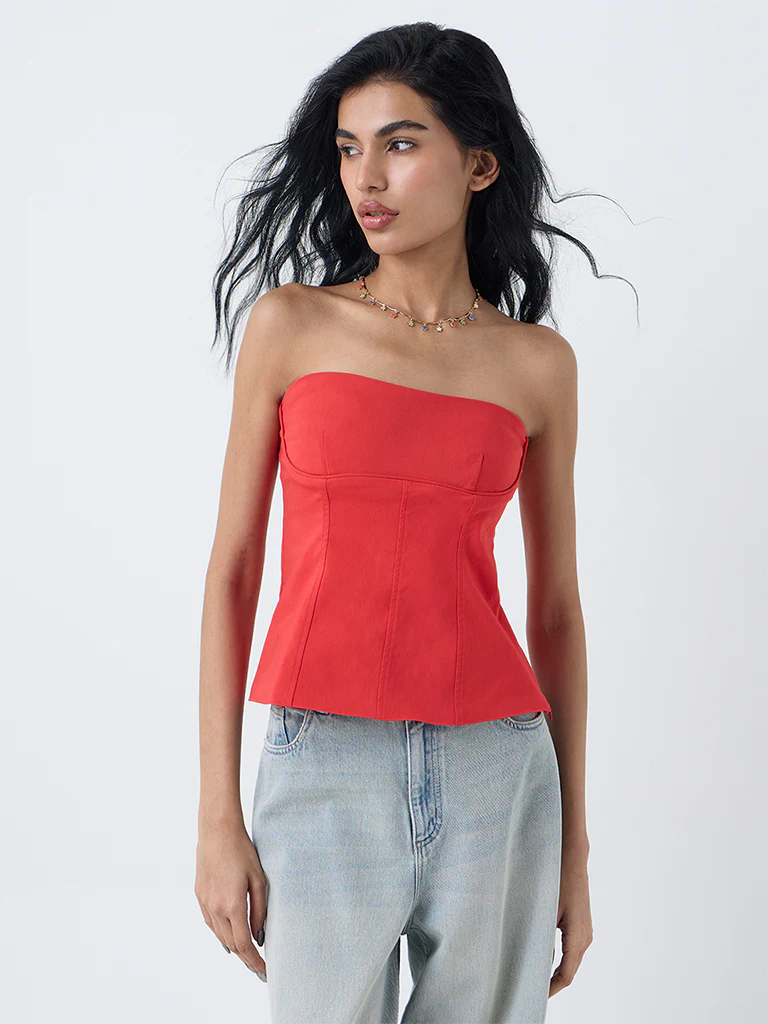 Nuon Red Solid Tube Cotton-Blend Top