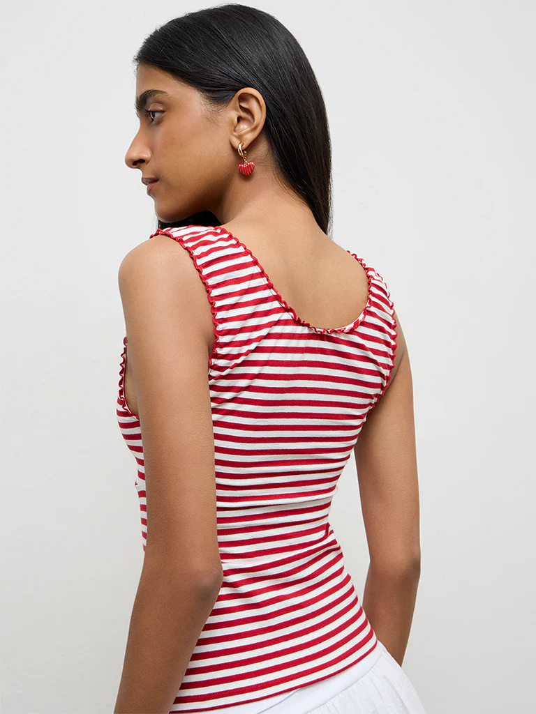 Nuon Red Striped Cotton-Blend Top - Image 4