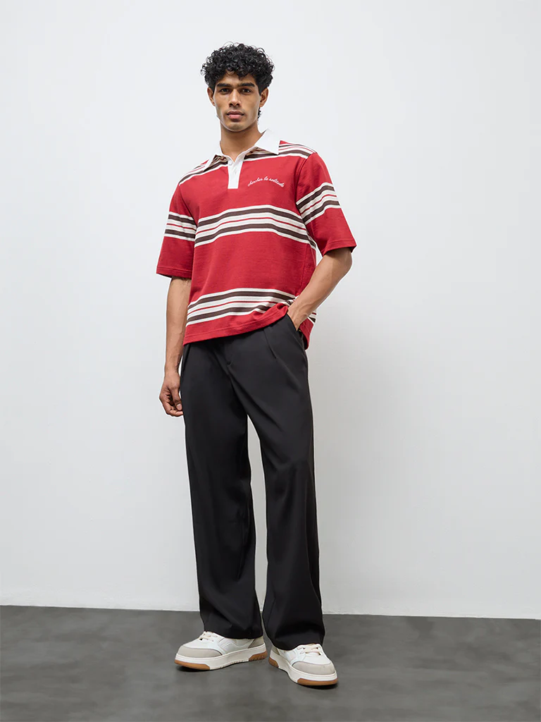 Nuon Red Striped Relaxed-Fit Cotton-Blend Polo T-Shirt - Image 2