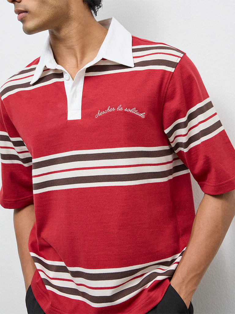 Nuon Red Striped Relaxed-Fit Cotton-Blend Polo T-Shirt - Image 3